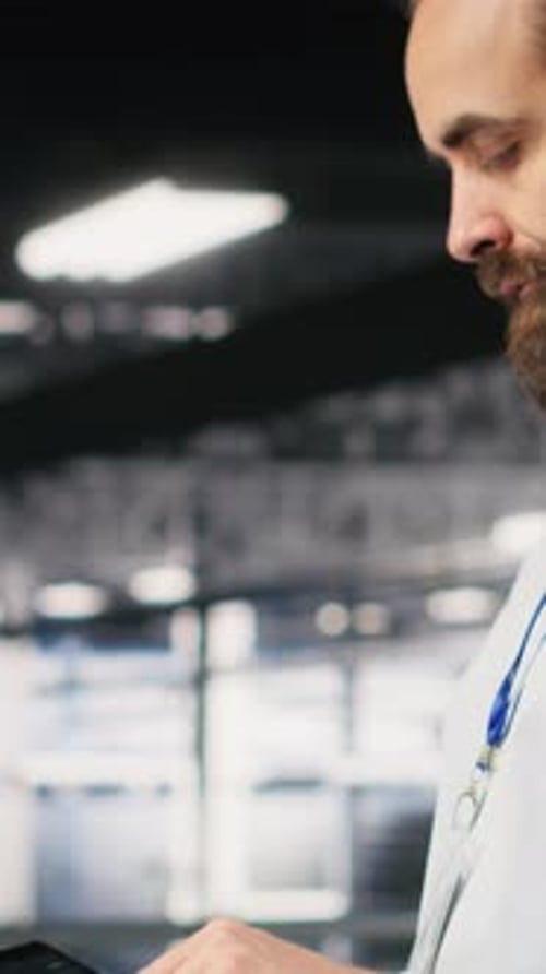 Vertical Video Programmers on Data Center Industrial Platform Checking Code on Tablet