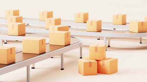 Shipping Boxes Moving on Modern Factory Conveyor Belts