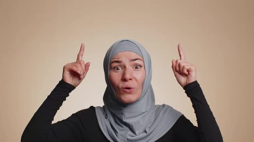 Woman Pointing Empty Place Advertising Area for Commercial Text Copy Space for Goods Promotion