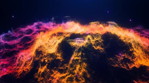 Abstract moving multicolored purple and yellow futuristic landscape of particles and dots