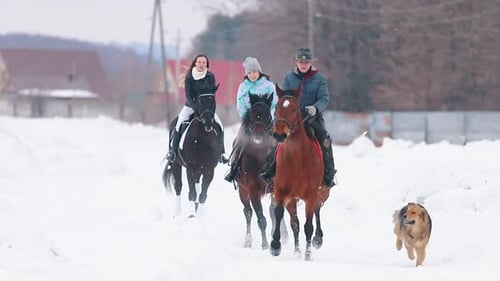 Winter Time Three Women on Horseback in a Village with