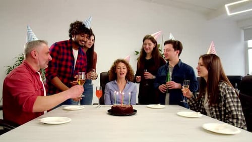 Young Redhaired Woman Celebrating Her Birthday in the Office with Colleagues Office Workers