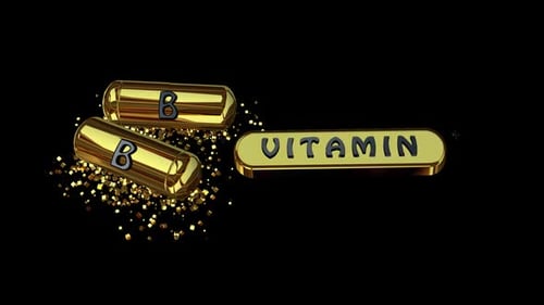 Animation with Golden Pills of Vitamin B, Alpha Channel, 3D Render