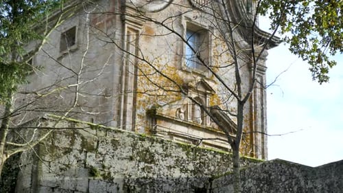 Tilt up reveals well known Catholic religious sanctuary in Celanova, Ourense, Spain