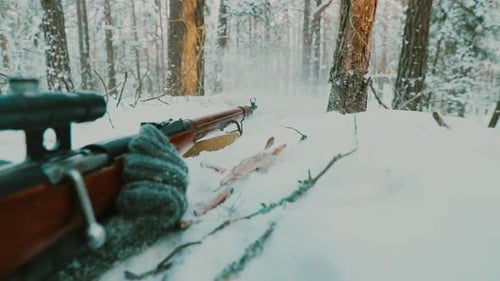 Slow Motion Reenactor Dressed As World War II German Wehrmacht Infantry Soldier Sniper Shooting From