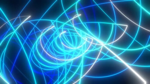 Linhas de laser de energia de néon brilhantes azuis e roxas abstratas voando sobre um fundo preto, vídeo 4k, 60