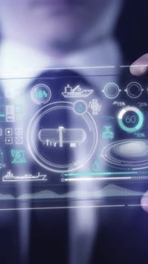 Futuristic Gadget with Infographics About the Logistics of Oil Transportation