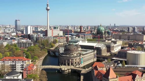 Aerial view of Berlin TV Tower and Bode Museum, Germany.