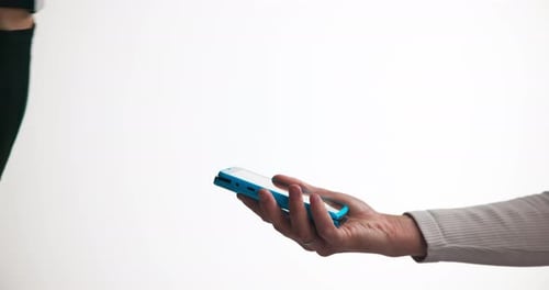 Hands, pos machine and smart watch payment in studio for cashless transaction, banking and fintech