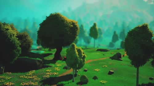 Cartoon Green Forest Landscape with Trees and Lake