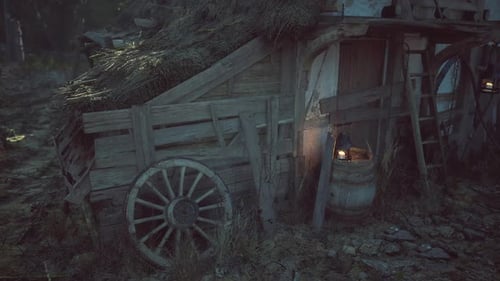 Old Wooden Wagon and Rustic Hut in Dark Forest Cinematic Lighting