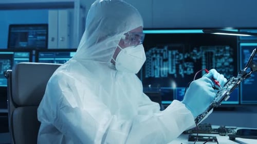 Microelectronics Engineer Works in a Modern Scientific Laboratory on Computing Systems and