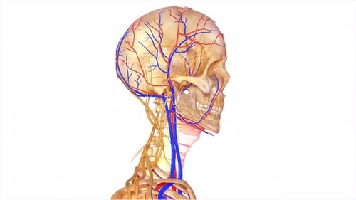 Detaillierter menschlicher Schädel mit leuchtend farbigen Venen und Arterien