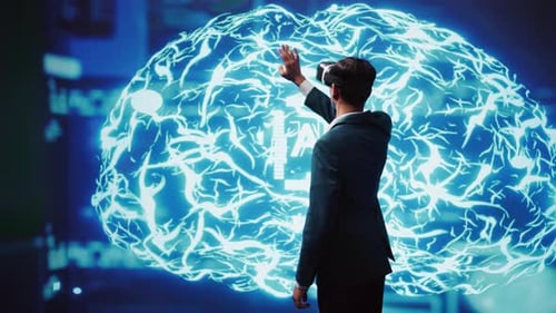 Computer Scientist Wearing VR Headset Interacting with AI Visualization