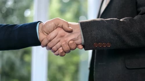 Two Business Male in Suit Handshaking Making Deal Success Partnership at Office Closeup