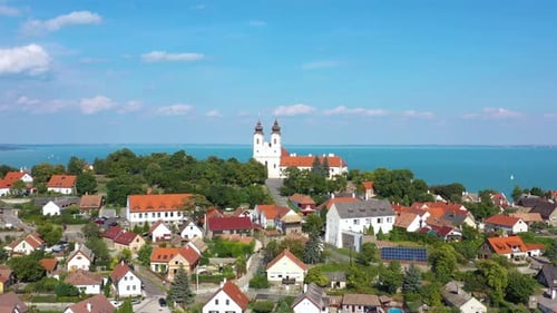 Beutiful church in summer at the lake Balaton. Tihany town, Hungary
Recorded with a DJI Mavic 2 pro