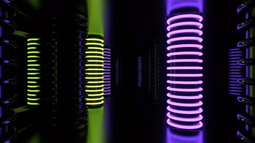 Purple And Light Green Futuristic Corridor Neon Cylindrical Strobe Columns Background Vj Loop I 4K