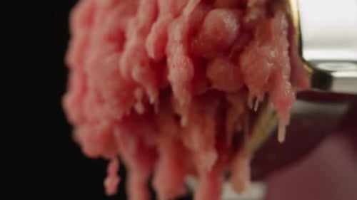 Twist a Meat or Pork Fart in a Meat Grinder Closeup Macro Mince Chicken Comes Out of the Meat