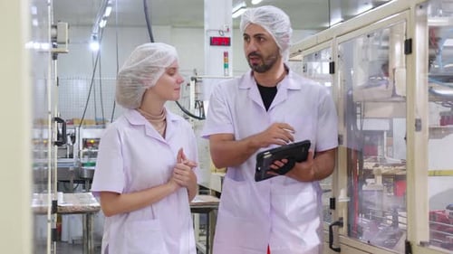 Deux techniciens inspectent des machines automatisées dans l'industrie alimentaire, une chaîne de production de fabrication.