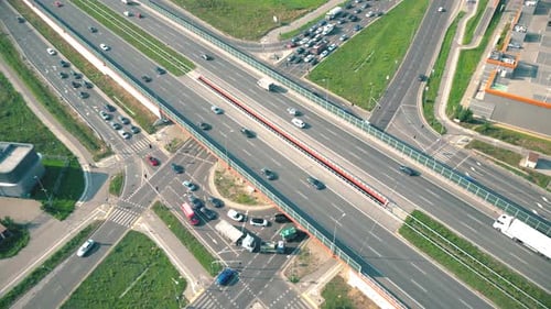 Aerial top view of highway junction interchange road. Drone view of the elevated road, traffic junct