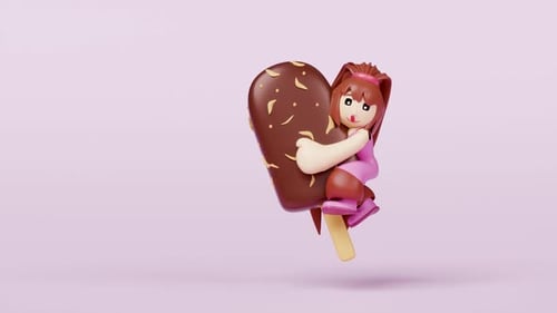Cute Cartoon Girl Hugging Heart Shaped Ice Cream