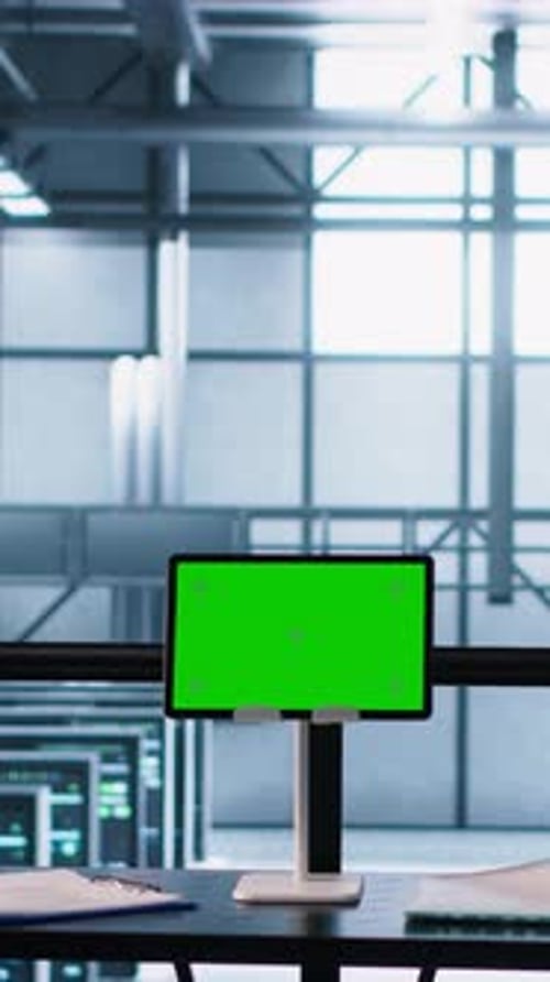 Vertical Video Data Center Team Using Mockup Green Screen Tablet Reviewing Paperwork