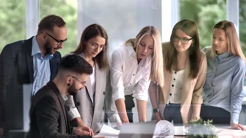 Corporate Team Meeting Colleagues Discussing Architecture Idea with Boss Pointing Draft Plan Office