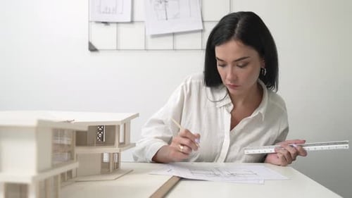 Architect using ruler to measure house model at modern office. Immaculate.