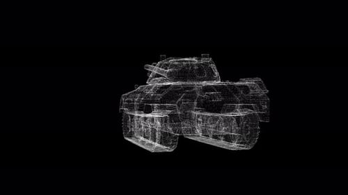 Modelo de tanque con estructura metálica que gira en un espacio negro