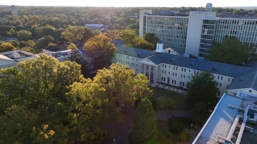 University of South Carolina Sims Hall on Women's Quad. Aerial establishing shot of USC campus in Co
