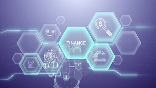 Robotic Hand Interacting with Futuristic Finance Hexagon Icons