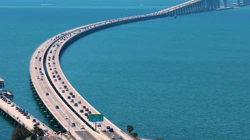 Transportation Infrastructure of Florida USA Sunshine Skyway Bridge Over Tampa Bay with Driving