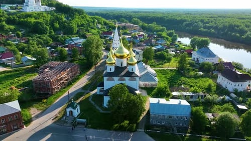 Aerial View of a Historic Russian Church by a River