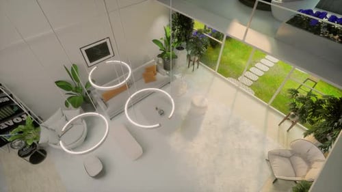 Modern White Interior With Beautiful Backyard View. Home Living Room Design