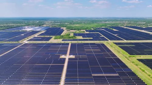 Aerial View of Large Sustainable Electrical Power Plant with Rows of Solar Photovoltaic Panels for
