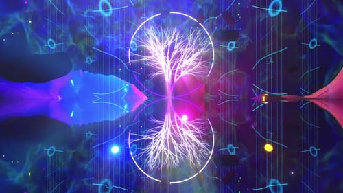 Cosmic Glowing Tree with Abstract Neon Lines Background