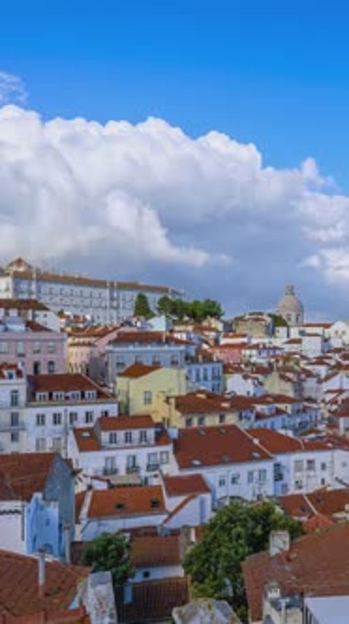 Clouds Fly Over Iconic View of Lisbon Historic Center on Sunny Day Portugal