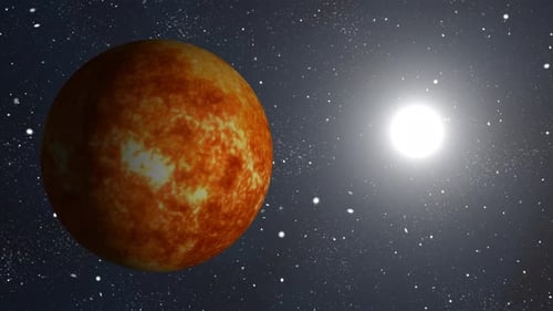 Animated Fiery Planet Rotating in Starry Space with Bright Sun