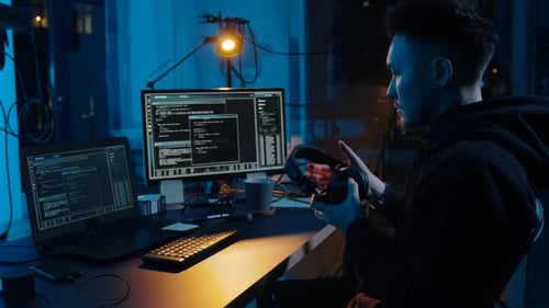 Cybercrime, Hacking And Technology Concept - Asian Male Hacker In Headphones With Coding On Lapto...