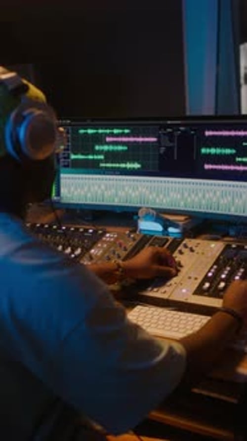 African American Male Music Producer Editing Track on Mixing Board in Studio