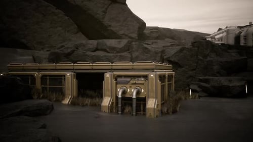 Colonist Base Established on a Distant Planet Surrounded By Rocky Terrain