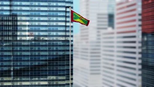 3D-Renderanimation der Flagge von Grenada auf einer Stange mit modernen Stadtgebäuden —