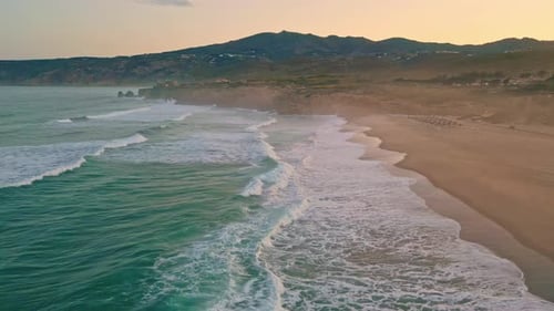 Wonderful Evening Seascape Coast Washed By Foamy Ocean Waves Aerial Sea Surfs