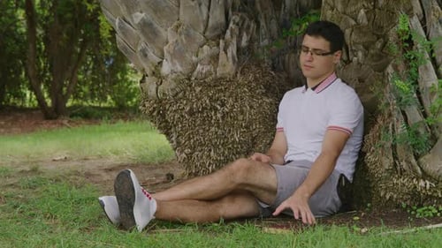 Porträt eines klugen Studenten, der in einer Brille liest, während er unter dem Baum sitzt