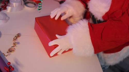Santa Wrapping Christmas Gift with Festive Decorations