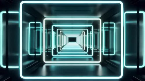 Futuristic Cyan Neon Square Tunnel 3D Loop