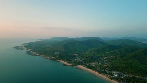 4K Cinematic nature drone footage of a panoramic aerial view of the beautiful beaches and mountains