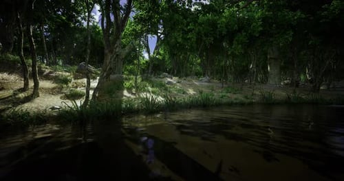 Scenic View of a Tranquil Forest Landscape Beside a Calm Body of Water