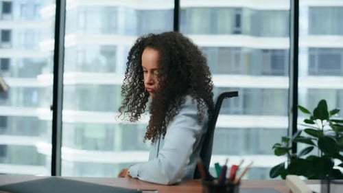 Stressed Woman Employee Suffering By Overwork Sitting at Desk Office Close Up