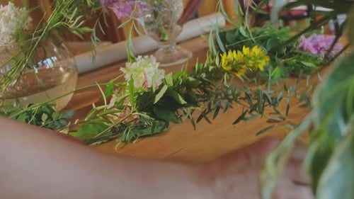Flower Shop Florist Hands Creating Bouquet of Fresh Summer Flowers